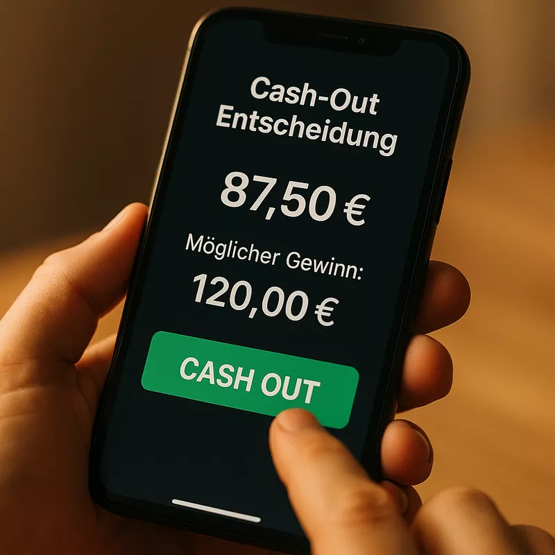 Cash-Out Funktion in der Wett-App mit Finger über dem grünen Button zum Auszahlen