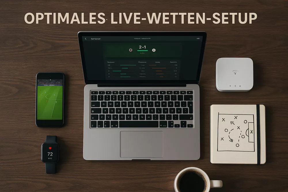 Perfektes Setup für Live-Wetten mit Smartphone, Laptop, Statistiken und Vorbereitung